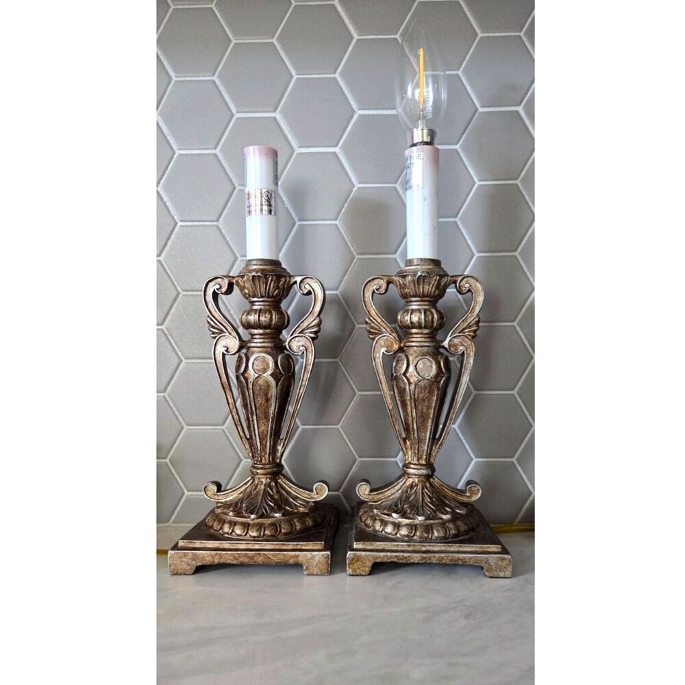 Mini Candlestick Lamps Set of 2 VTG Style 11" Accent Lamps Antique Bronze Gold